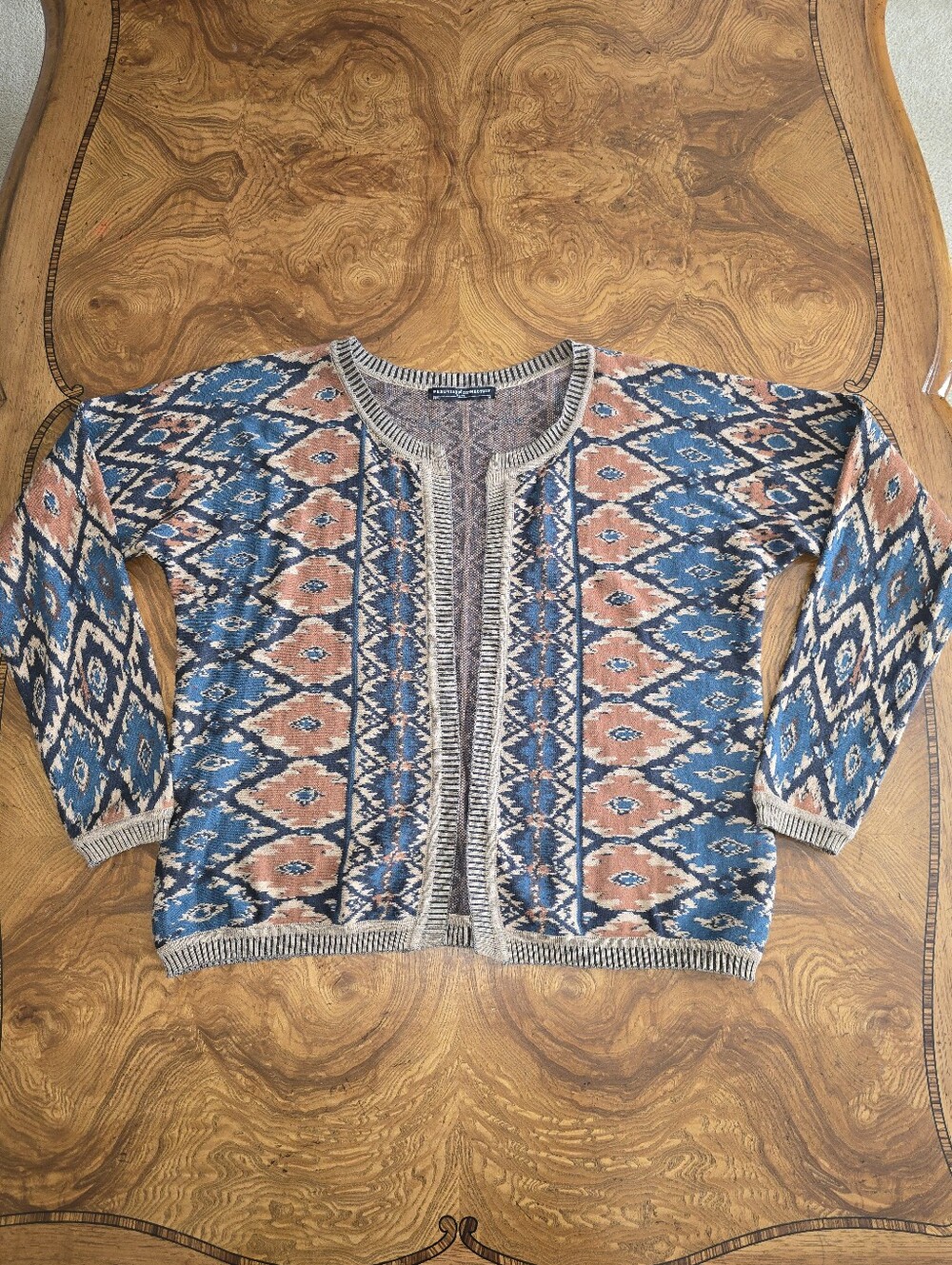 Peruvian Connection Blue and Rust Boho Tribal Knit Cardigan Sweater, Womens M